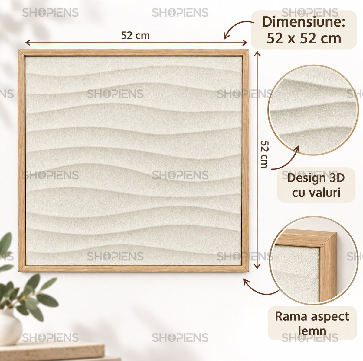 Tablou zen cu valuri 3D în relief, bej cu efect de nisip, 52x52 cm Shopiens – dimensiuni 52 x 52 cm