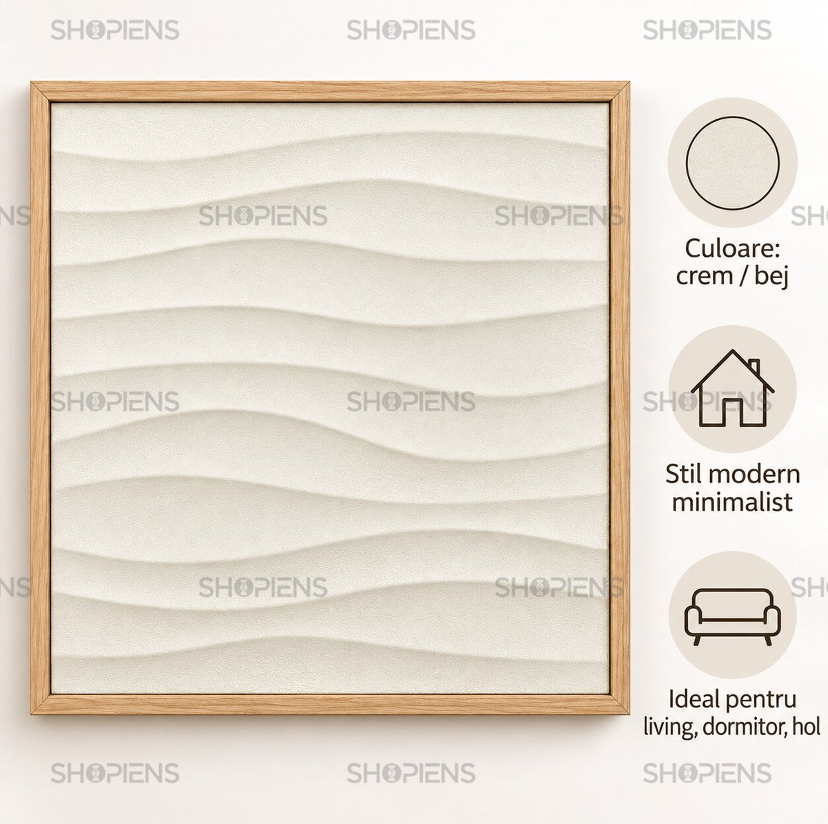 Tablou zen cu valuri 3D în relief, bej cu efect de nisip, 52x52 cm Shopiens – culoare crem-bej, stil modern minimalist