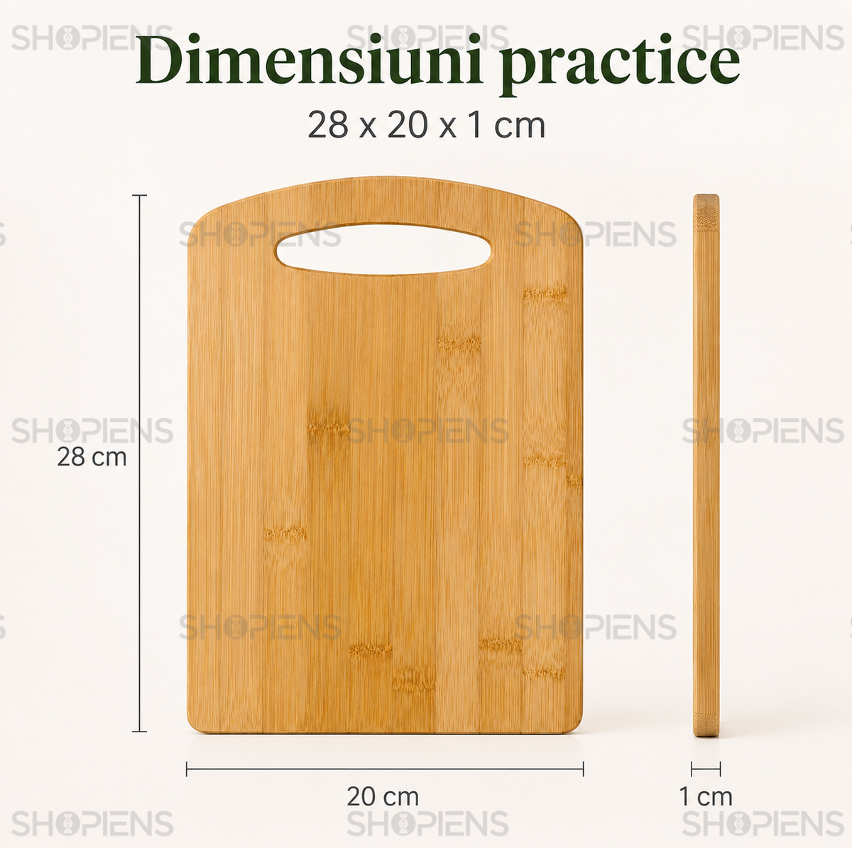 Tocator din bambus cu maner, pentru bucatarie, 28cm x 20cm x 1cm