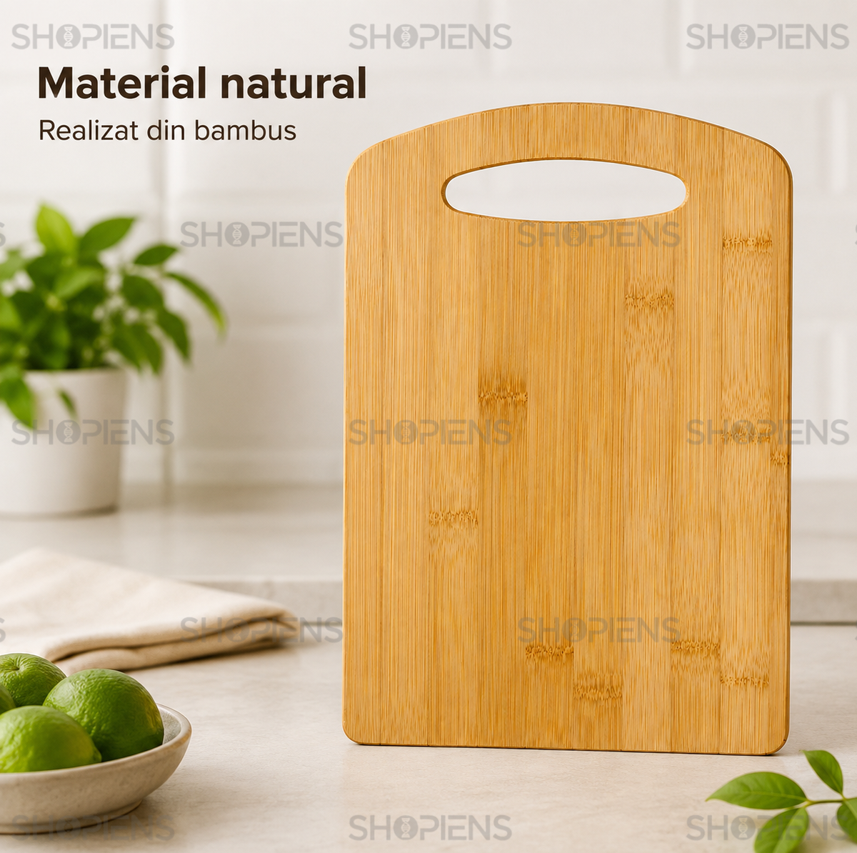 Tocator din bambus cu maner, pentru bucatarie, 28cm x 20cm x 1cm