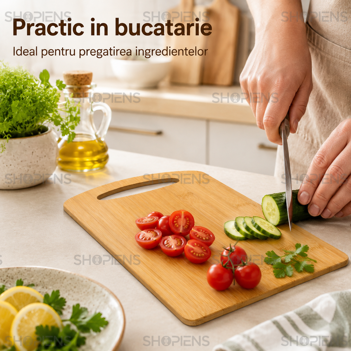 Tocator din bambus cu maner, pentru bucatarie, 28cm x 20cm x 1cm