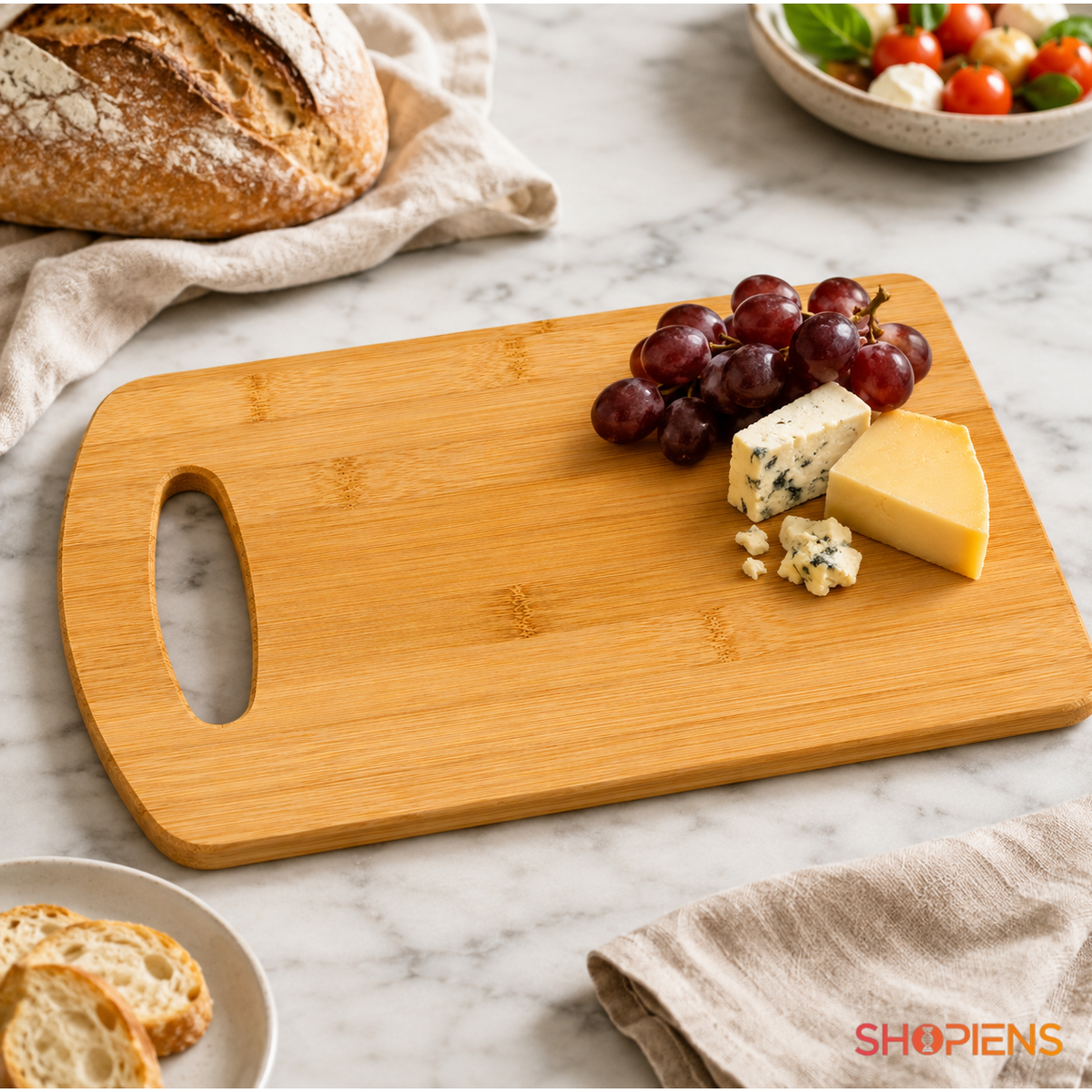 Tocator din bambus cu maner, pentru bucatarie, 33cm x 24cm x 1cm