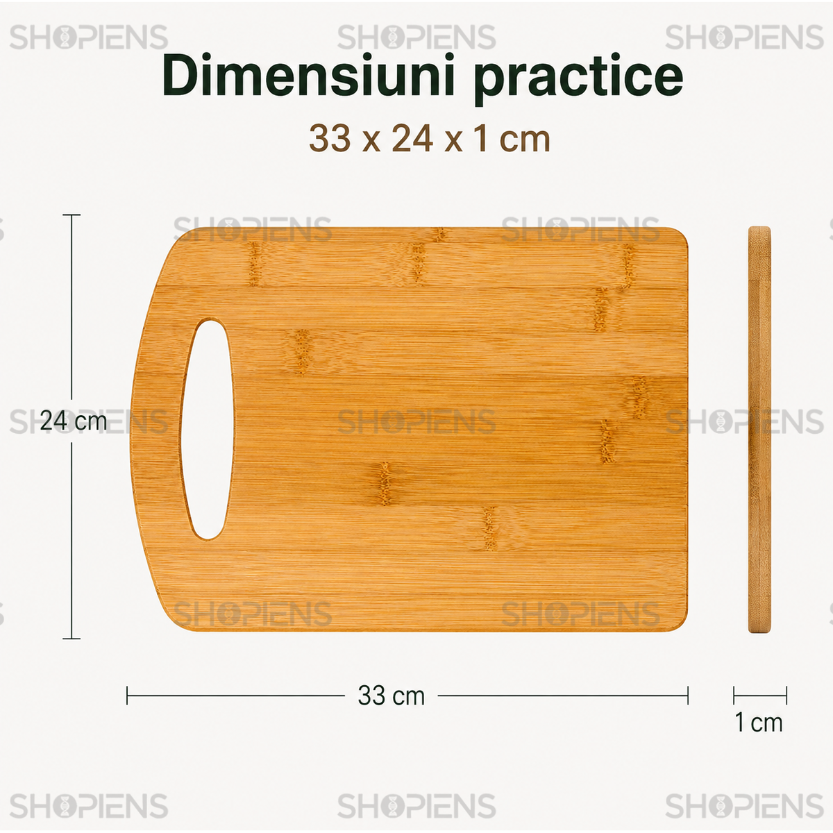 Tocator din bambus cu maner, pentru bucatarie, 33cm x 24cm x 1cm