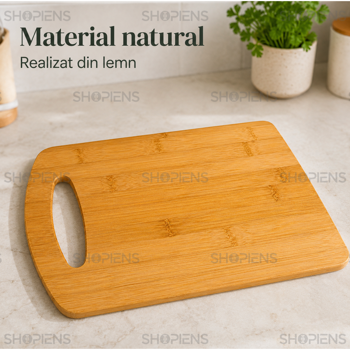 Tocator din bambus cu maner, pentru bucatarie, 33cm x 24cm x 1cm