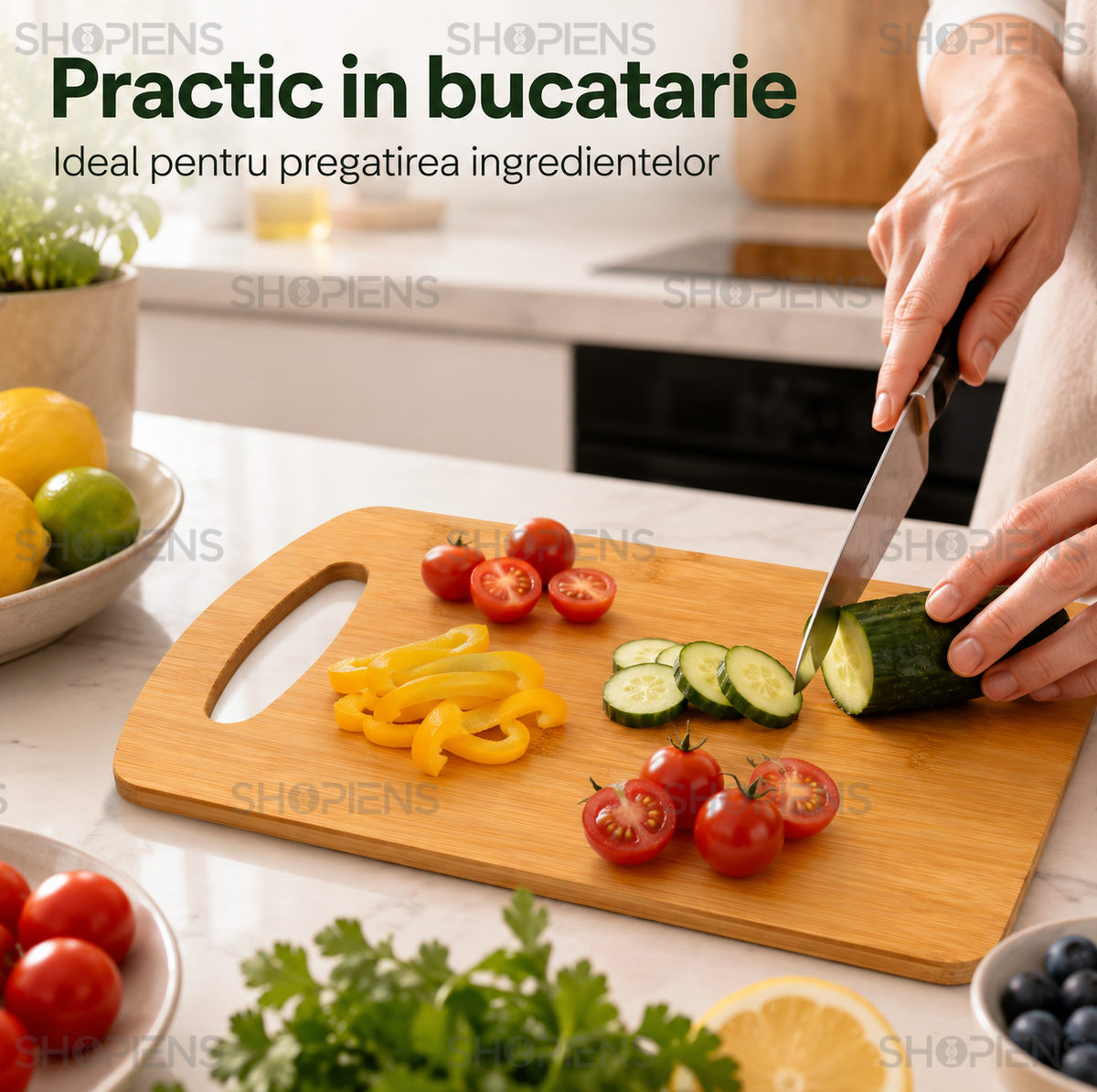 Tocator din bambus cu maner, pentru bucatarie, 33cm x 24cm x 1cm