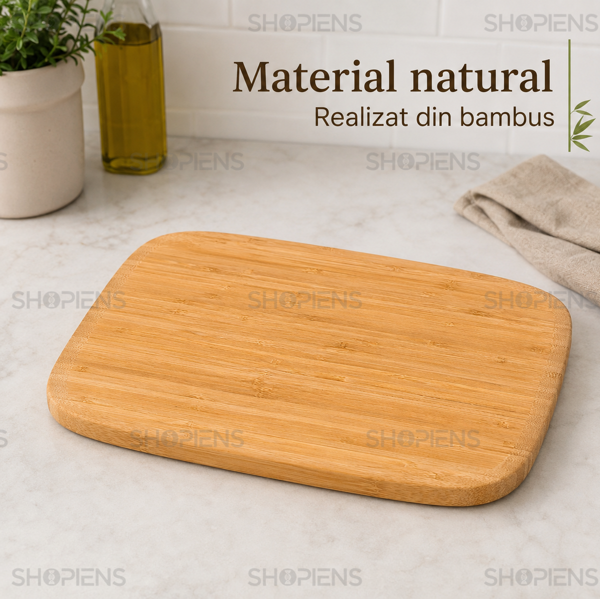 Tocator din bambus cu maner, pentru bucatarie, 35.5cm x 25cm x 2cm