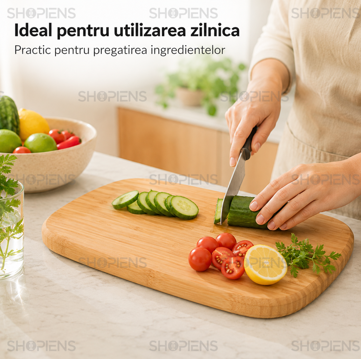 Tocator din bambus cu maner, pentru bucatarie, 35.5cm x 25cm x 2cm