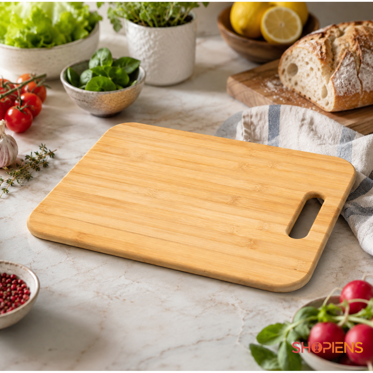 Tocator din bambus cu maner, pentru bucatarie, 36.8cm x 27.9cm x 1.2cm
