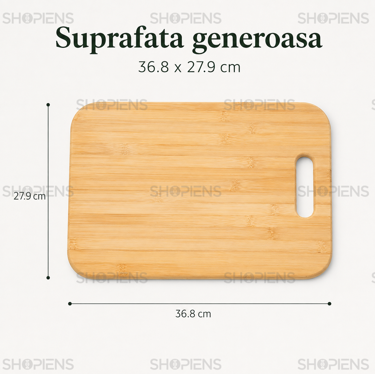 Tocator din bambus cu maner, pentru bucatarie, 36.8cm x 27.9cm x 1.2cm