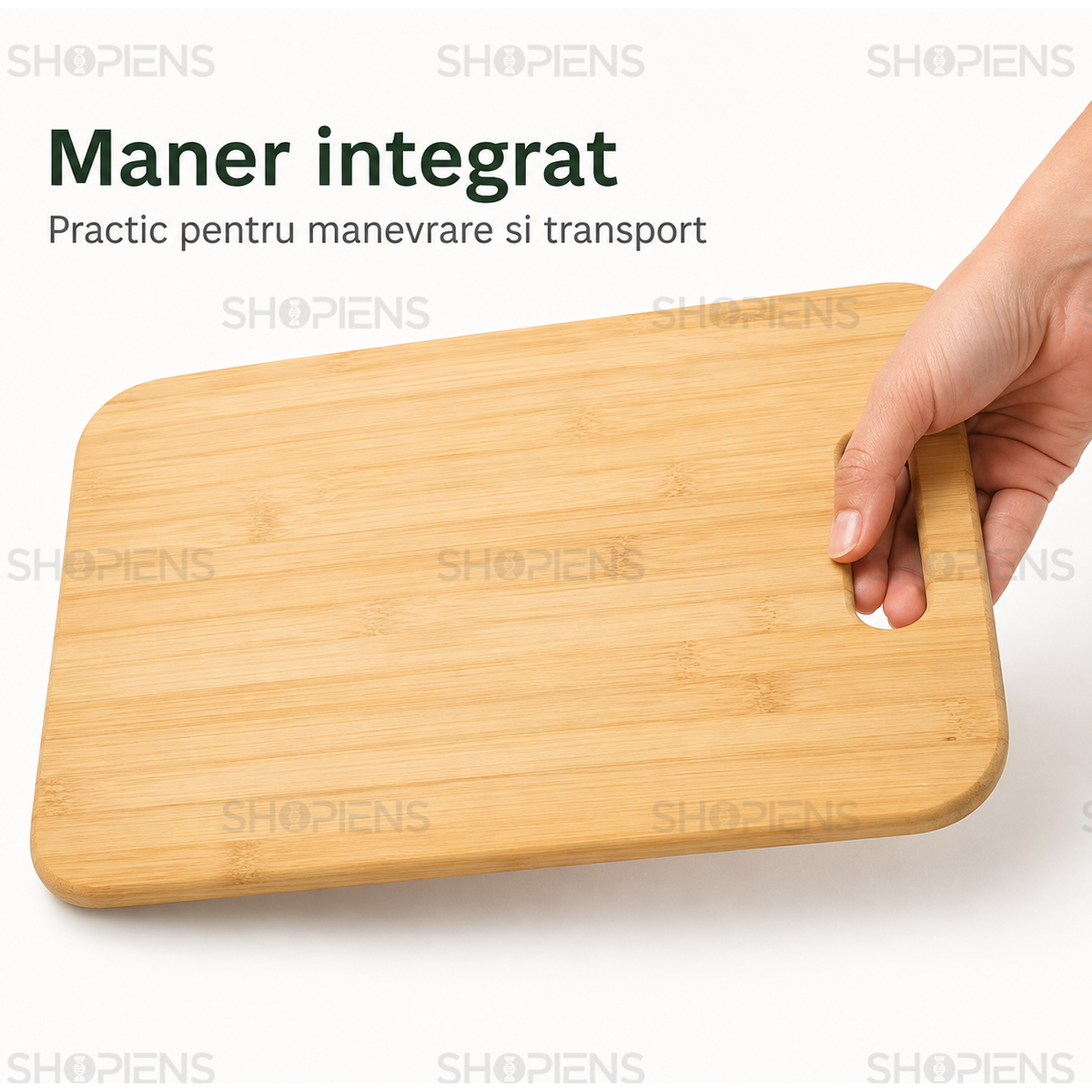 Tocator din bambus cu maner, pentru bucatarie, 36.8cm x 27.9cm x 1.2cm