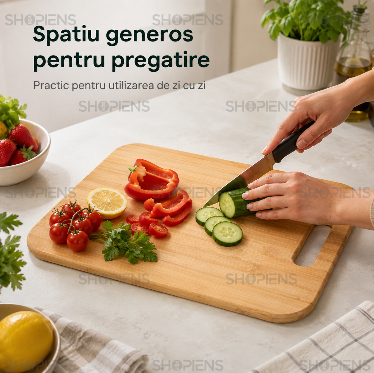 Tocator din bambus cu maner, pentru bucatarie, 36.8cm x 27.9cm x 1.2cm