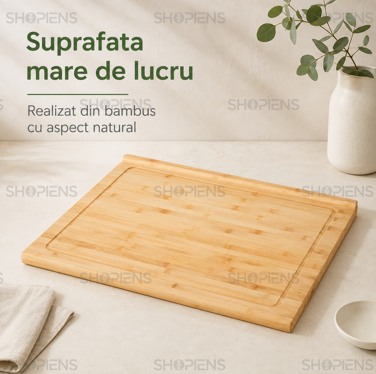 Tocator extra mare din bambus, cu sant perimetral, 54cm x 46cm x 3.5cm