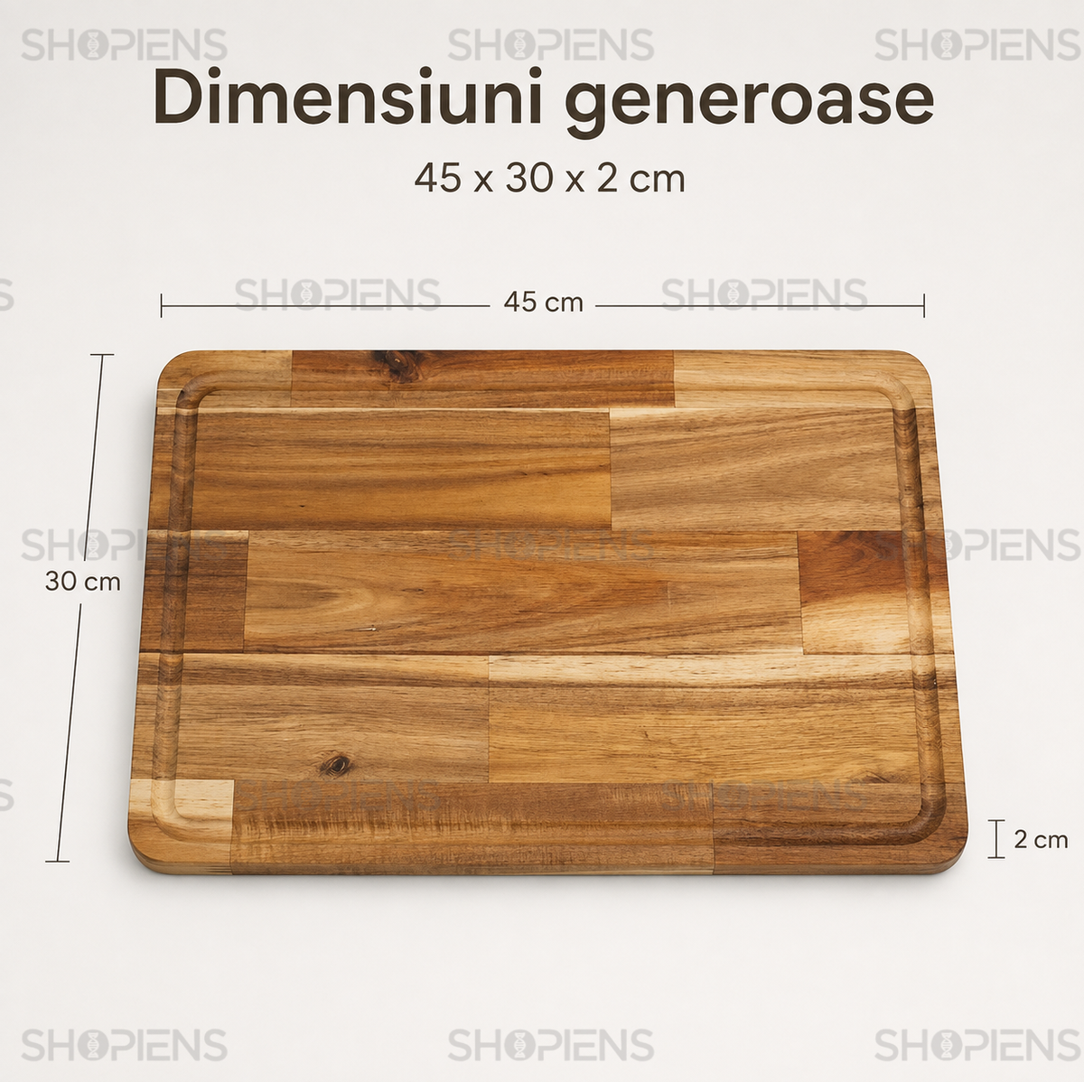 Tocator mare din lemn de salcam, cu sant perimetral, 45cm x 30cm x 2cm