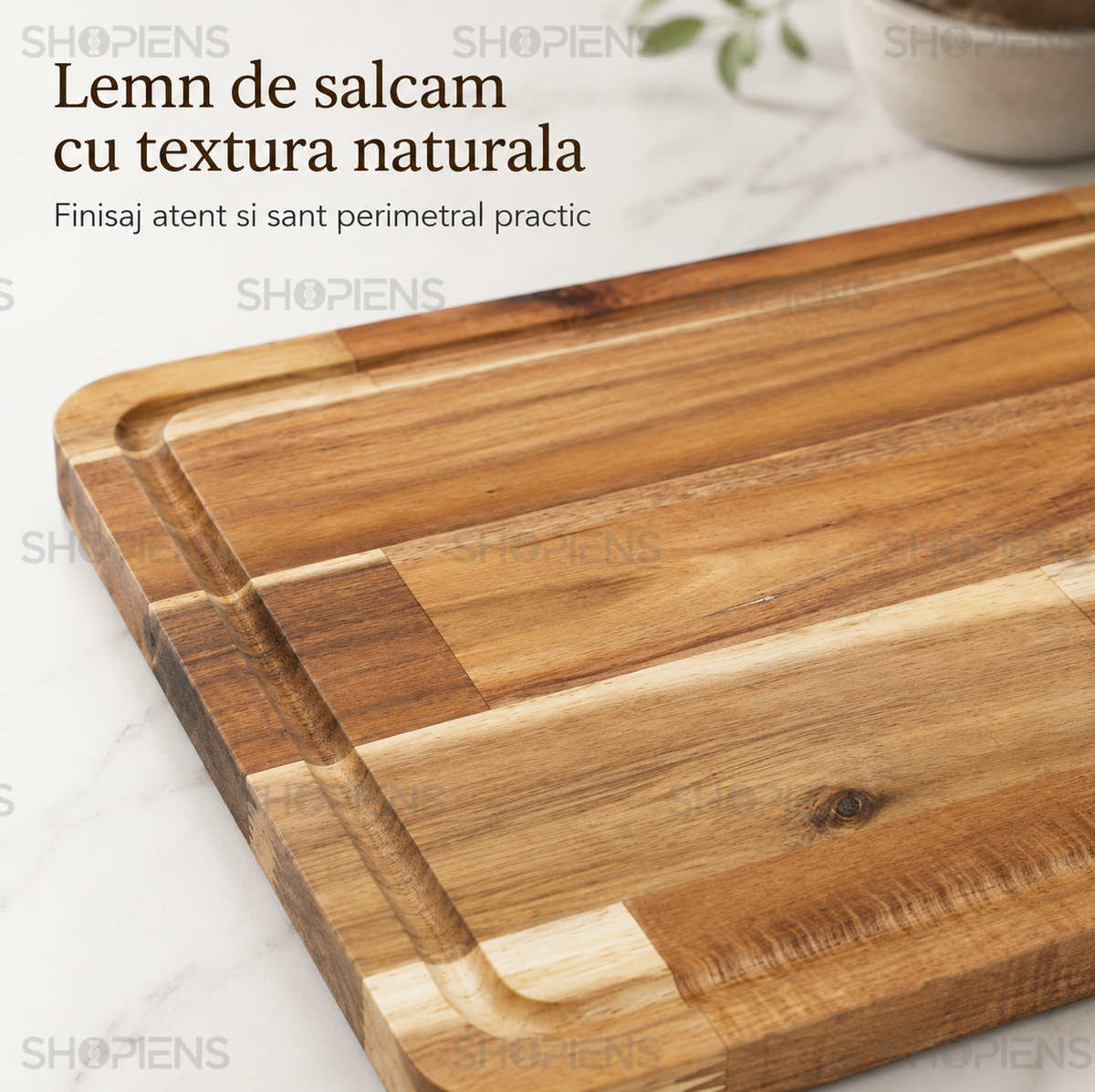 Tocator mare din lemn de salcam, cu sant perimetral, 45cm x 30cm x 2cm