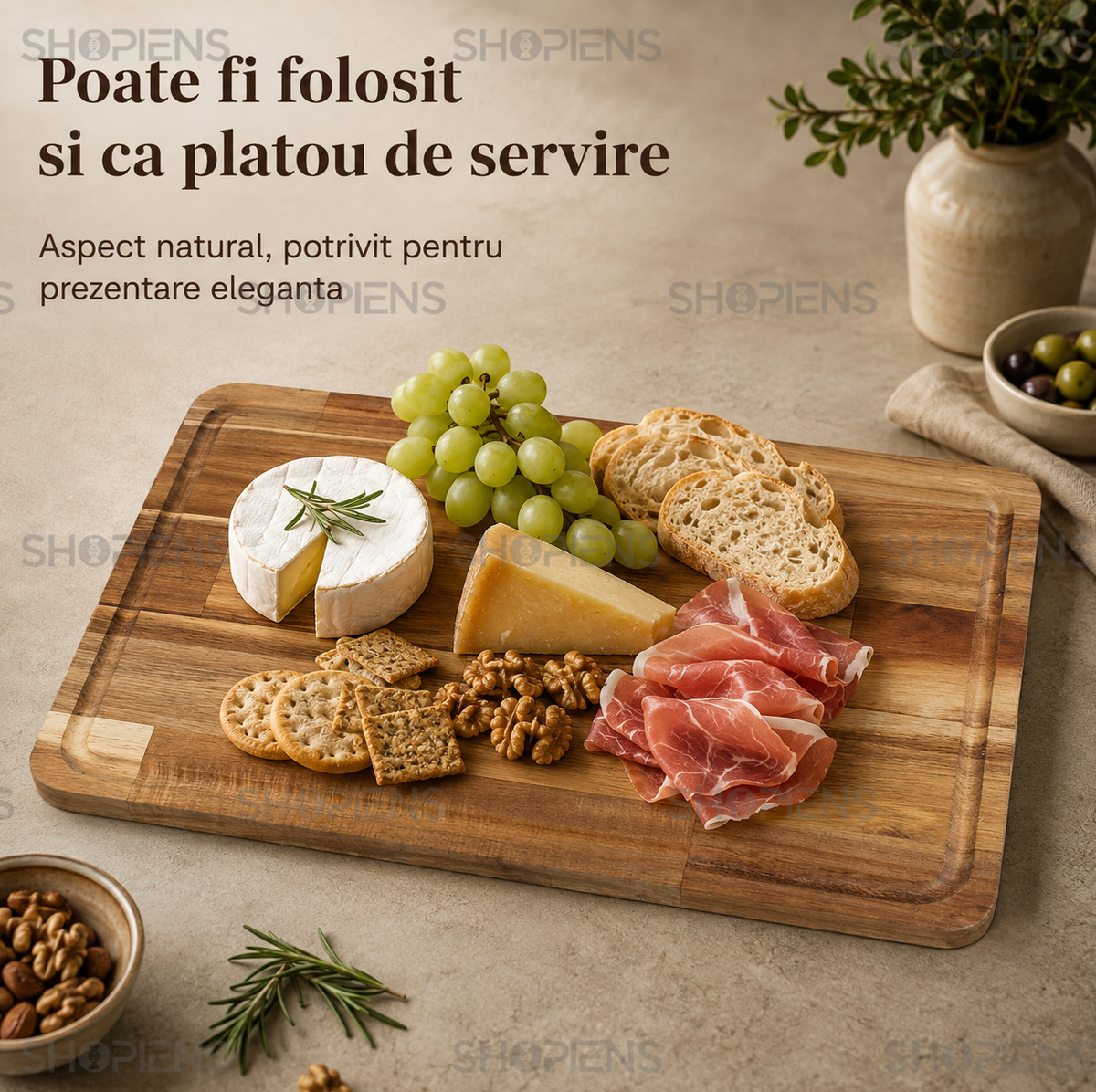 Tocator mare din lemn de salcam, cu sant perimetral, 45cm x 30cm x 2cm