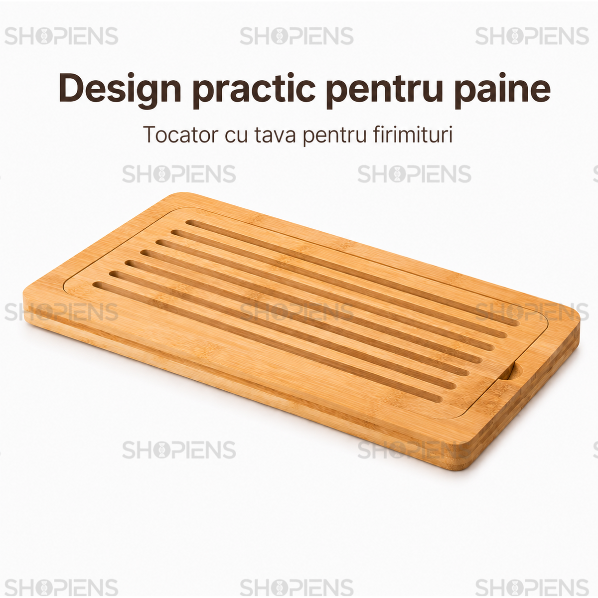 Tocator pentru paine din bambus, cu tava pentru firimituri, 40cm x 20cm x 2cm