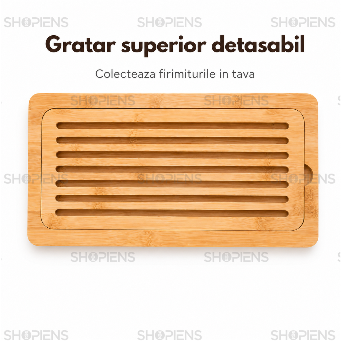 Tocator pentru paine din bambus, cu tava pentru firimituri, 40cm x 20cm x 2cm