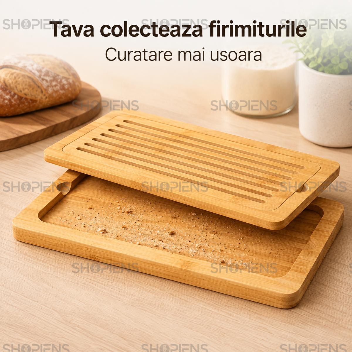 Tocator pentru paine din bambus, cu tava pentru firimituri, 40cm x 20cm x 2cm