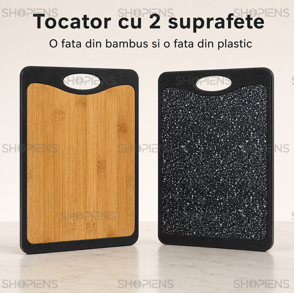 Tocator reversibil din bambus si plastic, cu maner, 35cm x 25cm x 1cm