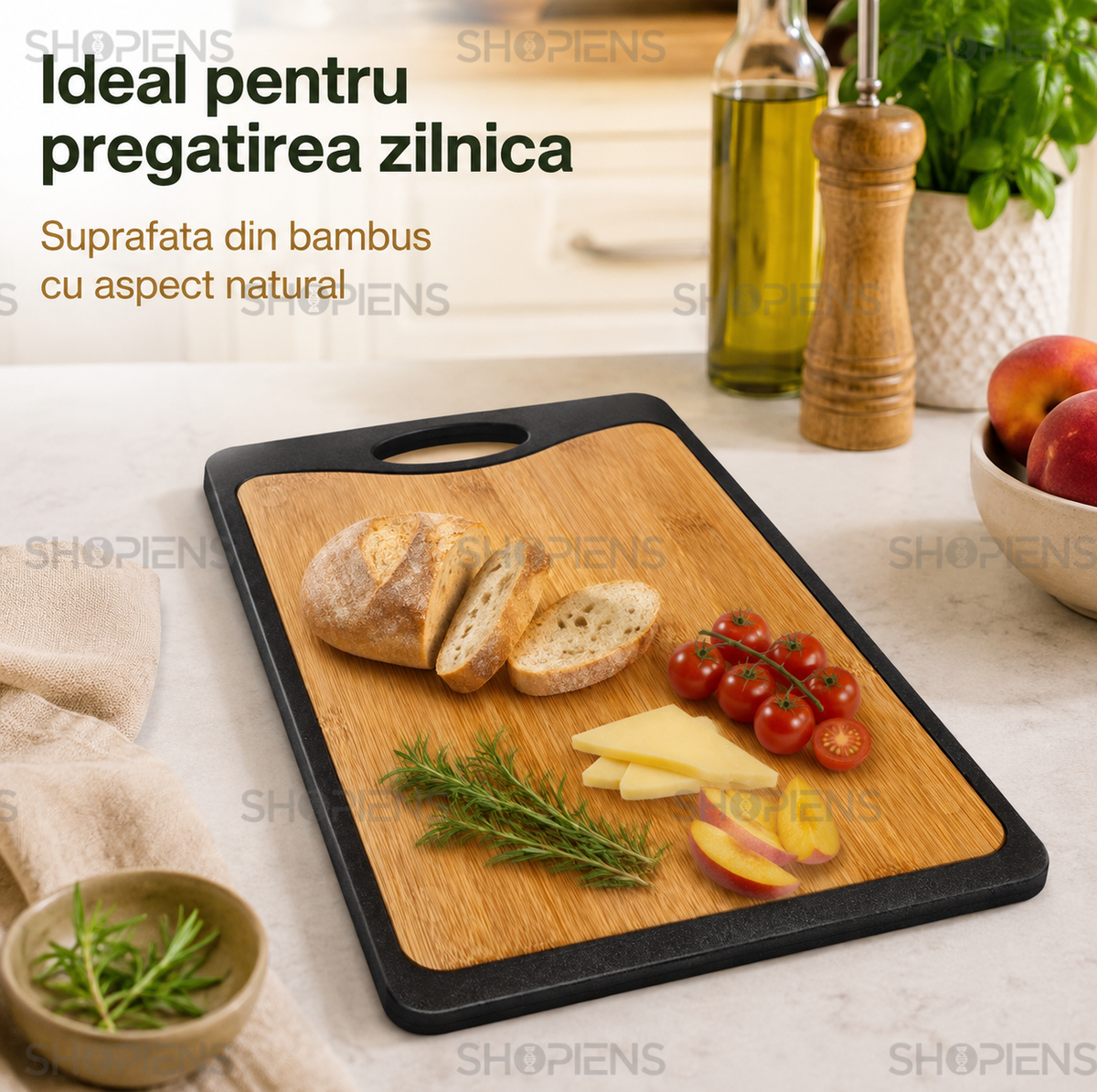 Tocator reversibil din bambus si plastic, cu maner, 35cm x 25cm x 1cm