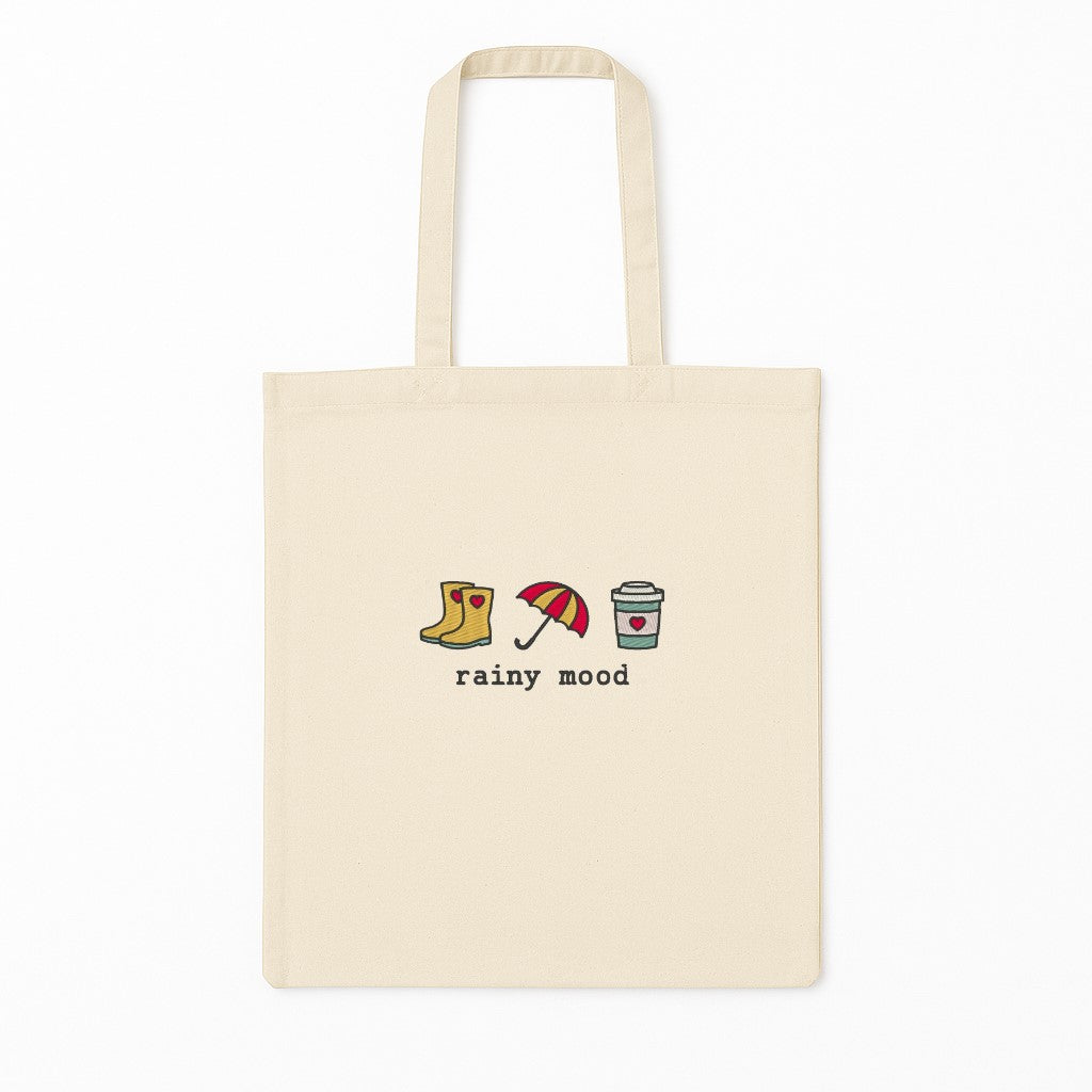Tote Bag Brodat Rainy Mood Cu Cizme Umbrela Cafea