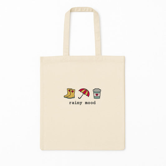 Tote Bag Brodat Rainy Mood Cu Cizme Umbrela Cafea