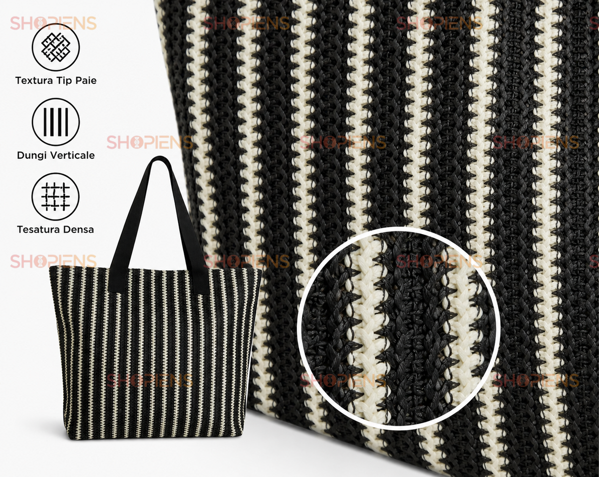 Tote De Plaja Negru Cu Linii Albe Si Manere Textile