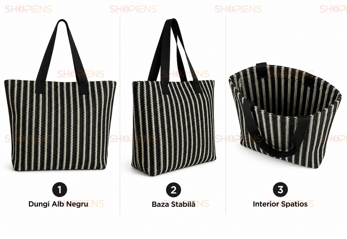 Tote De Plaja Negru Cu Linii Albe Si Manere Textile